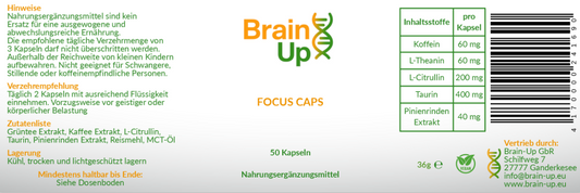 Brain-Up – Focus Caps | Hochdosierter Pre-Workout-Booster mit Koffein, L-Theanin & Taurin