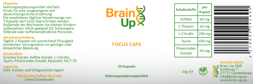 Brain-Up – Focus Caps | Hochdosierter Pre-Workout-Booster mit Koffein, L-Theanin & Taurin
